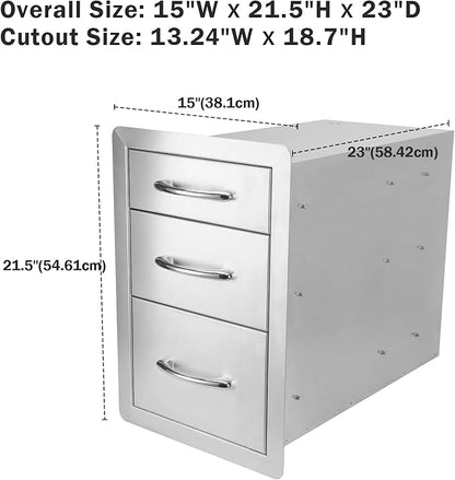 Stanbroil Outdoor Kitchen Drawers Stainless Steel - 15W x 21.5H x 23D Inch, Triple Access Drawer Flush Mount for Outdoor Kitchen or BBQ Island