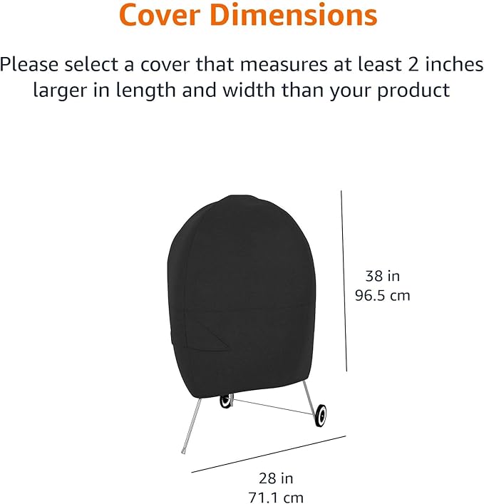 Amazon Basics Waterproof Weather Resistant Grill Cover for Outdoor Charcoal Kettle BBQ, All Weather Protection, Secure Straps, 28"L x 28"W x 38"H, Black