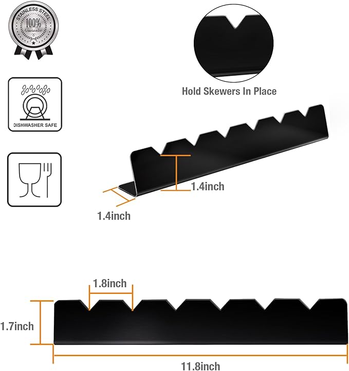 Kabob Skewers Rack Set of 2 - Stainless Steel BBQ Grill Rack with 6 Notch, Compatible with Wood/Bamboo/Round/Metal/Flat Skewers - Grilling Accessories (Pouch Included)