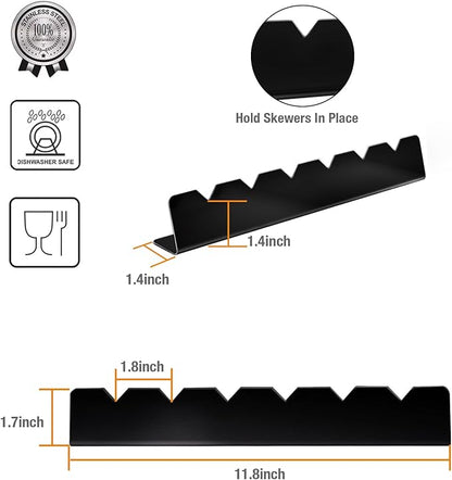 Kabob Skewers Rack Set of 2 - Stainless Steel BBQ Grill Rack with 6 Notch, Compatible with Wood/Bamboo/Round/Metal/Flat Skewers - Grilling Accessories (Pouch Included)