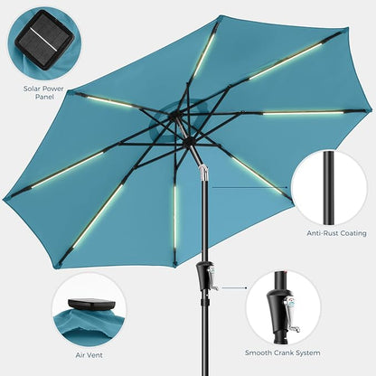 HOMSHADE 9ft Solar Patio Umbrella - Solar Lights LED Lighted UPF50+ UV Protection Umbrella, Outdoor Market Table Umbrella with Push Button Tilt, Crank for Pool Deck and Garden (Light Blue)