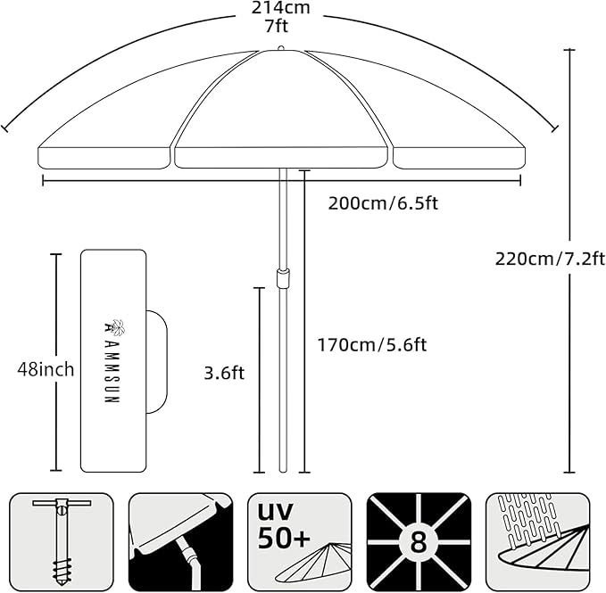 AMMSUN 7ft Beach Umbrella with Sand Anchor Sand Screw, Tilt, Windproof, Sun Protection,UPF 50+ Silver Coating Inside and Telescoping Pole for Outdoor Patio (Solid Navy)