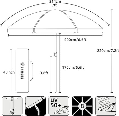 AMMSUN 7ft Beach Umbrella with Sand Anchor Sand Screw, Tilt, Windproof, Sun Protection,UPF 50+ Silver Coating Inside and Telescoping Pole for Outdoor Patio (Solid Navy)
