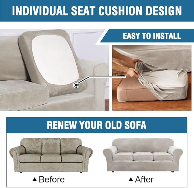 H.VERSAILTEX Rich Polyester Spandex Blend 2 Piece Cover Chair Slipcover Sofa Cover Furniture Protector Couch Soft with Elastic Bottom Chair Couch Cover with Arms Width Up to 49 Inch(Chair, Oatmeal)
