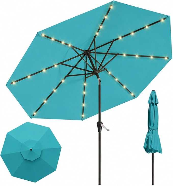 10FT Solar Lighted Patio Umbrella, Outdoor Table Market Umbrellas with Push Button Tilt and Crank, 32 LED Lights, 8 Sturdy Ribs, UV-Resistant for Deck, Garden, Pool