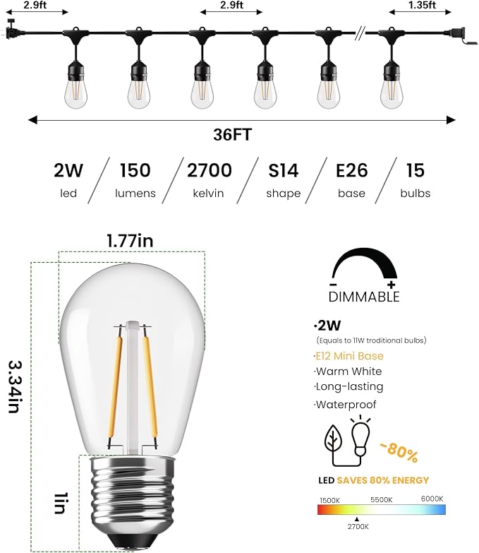 Svater 36 FT Outdoor String Lights 2W LED Antique Edison Waterproof ETL | Outside Patio Light with Shatterproof E26 S14 Bulbs, Commercial Connectable Hanging Strand for Bistro Cafe Market Warm White