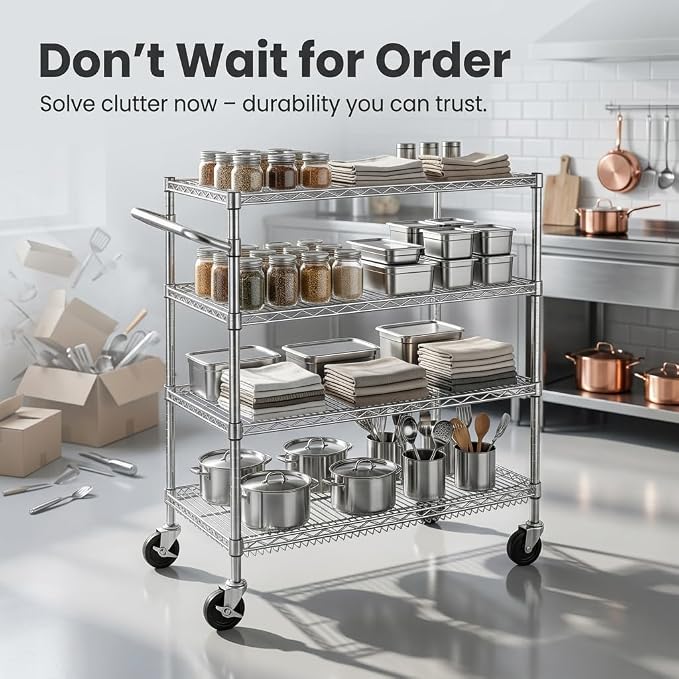 Finnhomy 4 Tier Heavy Duty Commercial Grade Rolling Cart with Handle Bar, Metal Wire Utility Cart with Wheels, Service Trolley on Wheels, Shelf Size 18" D x 30" W, NSF Listed, Chrome