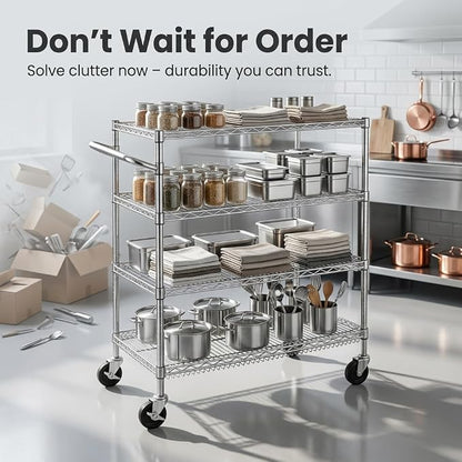 Finnhomy 4 Tier Heavy Duty Commercial Grade Rolling Cart with Handle Bar, Metal Wire Utility Cart with Wheels, Service Trolley on Wheels, Shelf Size 18" D x 30" W, NSF Listed, Chrome