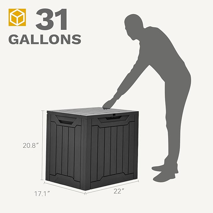 DWVO 30 Gallon Deck Box Outdoor Storage Box, Lockable Outside Storage Bin for Gardening Tools, Patio Cushions, Waterproof Resin (Black)