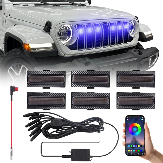 6PCS Grill Lights Fit for Jeep Wrangler 2024 2025, APP Control 8 Lighting Modes Front Bumper Grille Light Daytime Running Light (RGB)