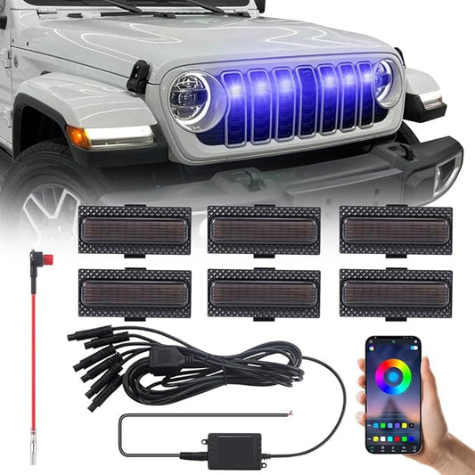 6PCS Grill Lights Fit for Jeep Wrangler 2024 2025, APP Control 8 Lighting Modes Front Bumper Grille Light Daytime Running Light (RGB)