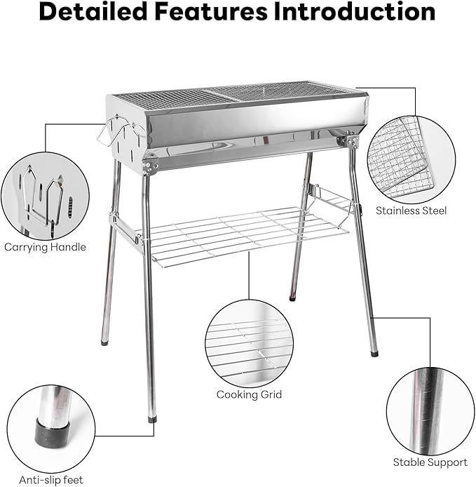 portable charcoal grill: Foldable charcoal grill - stainless steel Outdoor Barbecue Grill, suitable for camping and backyard grilling (small)