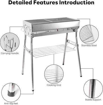portable charcoal grill: Foldable charcoal grill - stainless steel Outdoor Barbecue Grill, suitable for camping and backyard grilling (small)