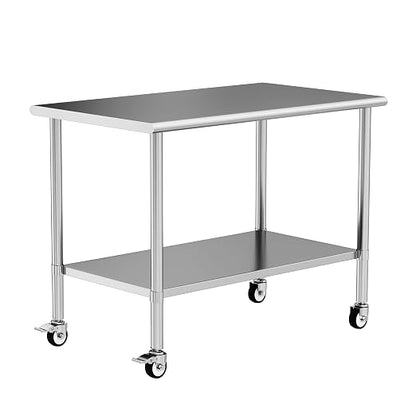 Stainless Steel Work Table with Wheels, 30x60 Inch NSF Kitchen Prep Table with Adjustable Undershelf for Commercial Restaurant, Garage, Outdoor BBQ