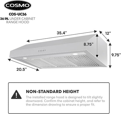 COSMO UC36 36 in. Haven Collection 380 CFM Ducted Under Cabinet Range Hood, LED Lights, Button Controls, Stainless Steel