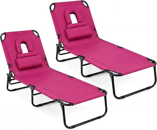 GYMAX Tanning Chair, Folding Lounge Chairs with Face Hole & Cover, Removable Pillow Carry Handle, Portable Compact Outdoor Layout Recliner for Beach, Poolside, Lawn, Patio, Camping (Pink,2)