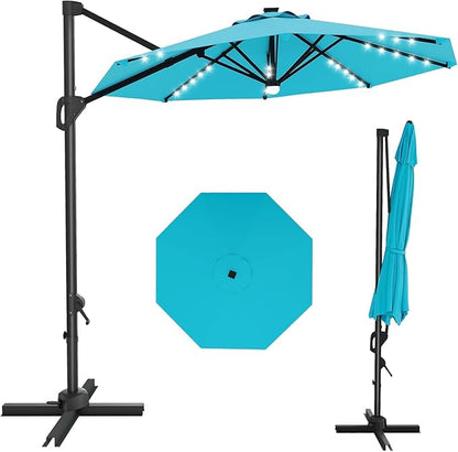 GarveeLife 10FT Patio Umbrella Outdoor Solar LED Large Cantilever Umbrella Market Sun Shade Windproof Offset Umbrella with 360-Degree Rotation for Garden Deck Pool Patio