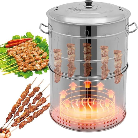 Large Portable Charcoal Grills, 2 in 1 Vertical Smoker, 360° Smokeless Stainless Steel with High Capacity, BBQ Grill Barrel for Outdoor Backy ard Cooking, Camping (Large 50 Skewers)