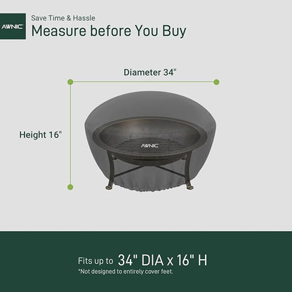 AWNIC Fire Pit Cover Round 34" D x 16" H - Waterproof Windproof Outdoor Patio Firepit Cover with 500D Fade-Resistant Oxford Cloth,Dual-Sided Adjustable Drawstring & Hook and Loop