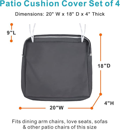 NettyPro Patio Cushion Covers Replacement Set 4 Water Repellent UV Resistant Outdoor Chair Seat Cushion Slipcover with Zipper and Tie, 20 x 18 x 4 Inch, Grey