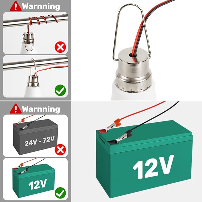 DC 12V LED Light Bulb Emergency Lamp Lights with 3 Meter Clamp Wiring & Switch for Camping Light, Outdoor Lighting, Motorcycle, Boat, RV Interior Low Volt Lightings, White 6500K, 2 Packs (18W)