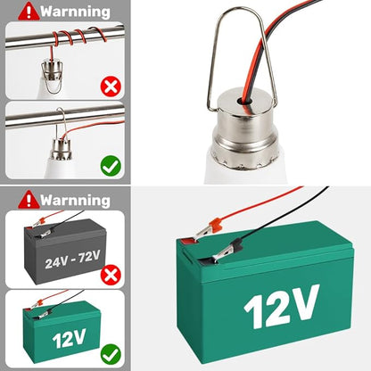 DC 12V LED Light Bulb Emergency Lamp Lights with 3 Meter Clamp Wiring & Switch for Camping Light, Outdoor Lighting, Motorcycle, Boat, RV Interior Low Volt Lightings, White 6500K, 2 Packs (18W)