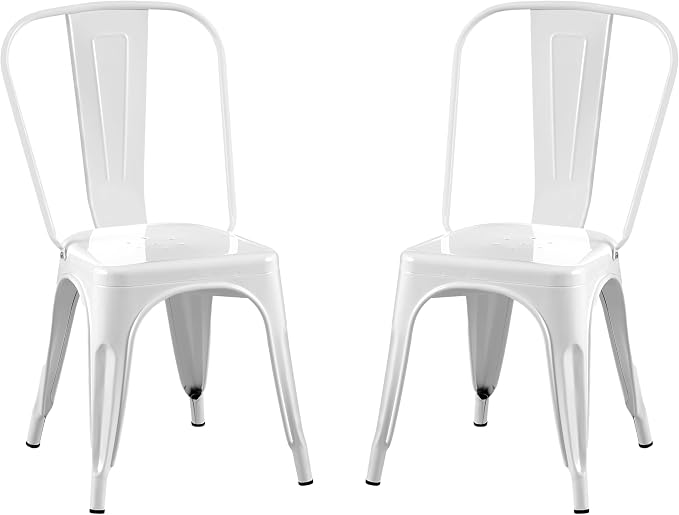 AC Pacific Stackable Metal Dining Chairs Set of 2 for Indoor and Outdoor Use, Durable Stacking Seat, Farmhouse Kitchen, Bar, Patio, Bistro, Cafe, Industrial Style, 2pcs, High Gloss White