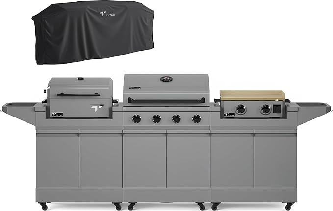 Tytus Anaheim 4-Burner Gas Grill with Two Prep Carts, Charcoal Grill, and Gas Griddle with Cover - Modular Outdoor Kitchen, Quick Assembly, Outdoor Cooking, Kitchen Island for BBQ