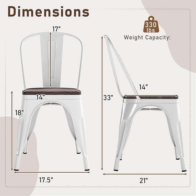 COSTWAY Stackable Metal Dining Chairs Set of 4 with Wood Seat and High Back | White, Industrial Vintage Style, Elm Wood Seat Board, 18 Inch, for Dining Room, Kitchen, Bar, Cafe, Bistro, Restaurant