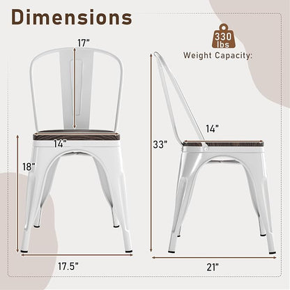 COSTWAY Stackable Metal Dining Chairs Set of 4 with Wood Seat and High Back | White, Industrial Vintage Style, Elm Wood Seat Board, 18 Inch, for Dining Room, Kitchen, Bar, Cafe, Bistro, Restaurant