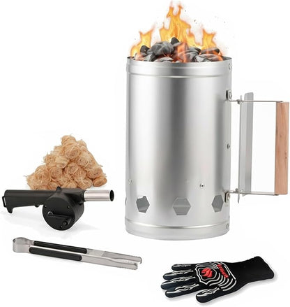 WILLBBQ Charcoal Chimney Starter Great for Fireplace, BBQ, Fire Pits, Barbecues, Chimineas, Campfires, Pizza Ovens - Zinc Steel BBQ Kit, 20 Starters, Heat Resistant Gloves Blower(Bright Silver)
