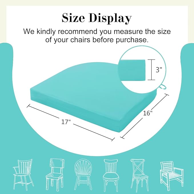 Cozyide Outdoor Chair Cushions, Waterproof Patio Seat Cushions with Adjustable Straps, Round Corner Patio Chair Cushions for Garden, Teal, 17x16x2 Inch (Pack of 4)