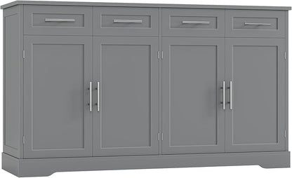 HOSTACK 60" Large Buffet Sideboard with Storage, 36" Tall Kitchen Buffet Storage Cabinet with 4 Drawers, Modern Coffee Bar Cabinet with Silver Handles, Long Sideboard Buffet Table for Kichen, Grey
