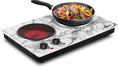 CUSIMAX Hot Plate, 1800W Double Burner Hot Plate for Cooking, White Marble | Portable Infrared Cooktop with Dual Temperature Control/Heat-up in Seconds/Overheating Protectio/Stainless Steel/Easy Cleanup