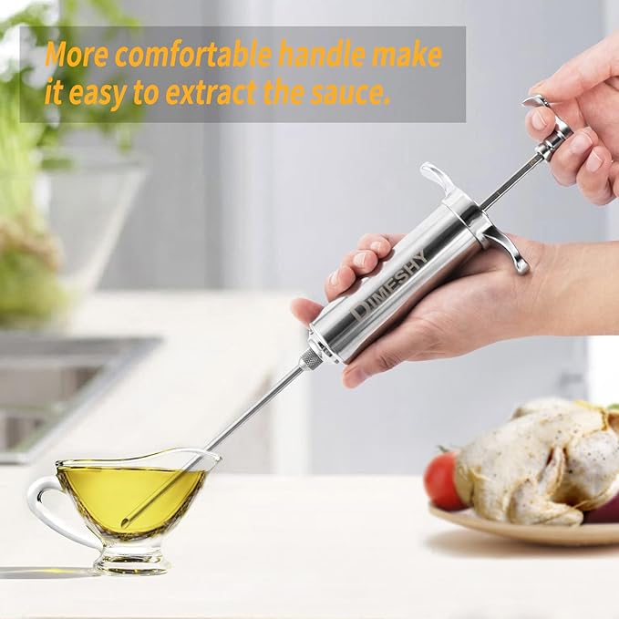 Heavy duty 304 Stainless Steel Meat Injector Kit with 2-oz Large Capacity Barrel with 3 commercial Marinade Needles