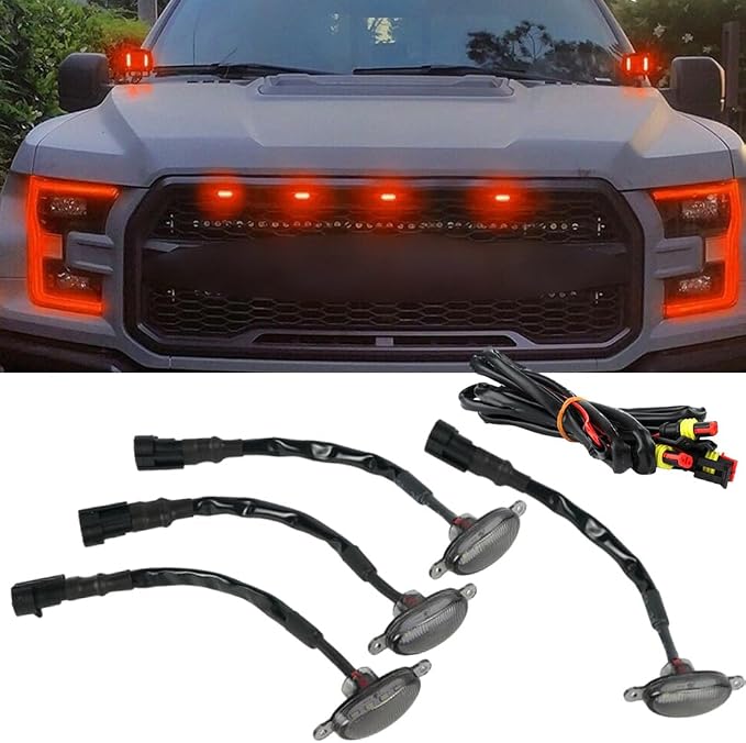 Red LED Grille Light Kit, LED Bumper Hood Lights, Compatible with Dodge Ram 1500 Raptor-Style (Rebel) Grilles 2013–2018, 4PCS (Smoked Cover/Red LED Lights)