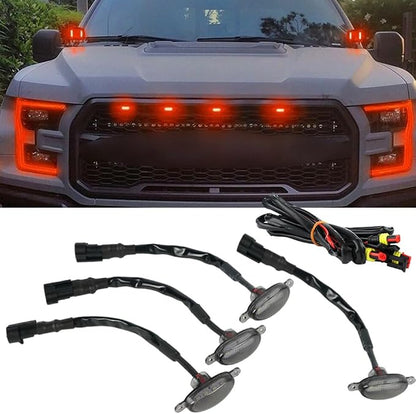 Red LED Grille Light Kit, LED Bumper Hood Lights, Compatible with Dodge Ram 1500 Raptor-Style (Rebel) Grilles 2013–2018, 4PCS (Smoked Cover/Red LED Lights)