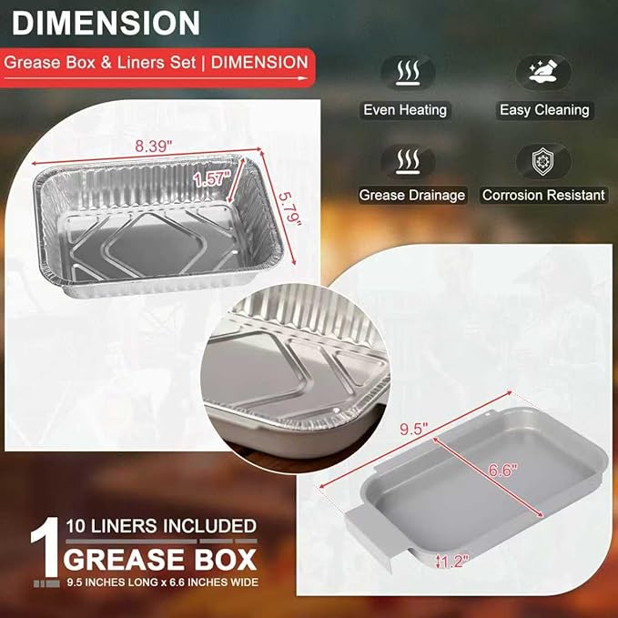 Drip Pan Liners for Most Monument Grills 35633 24633 24367 17842 14633 13762 41847NG 25392, Universal Grease Box & 10 PCS Aluminum Foil Liner for Monument Grill Accessories, 8.4 x 5.8 Foil Drip Pans