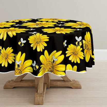 Horaldaily Summer Tablecloth 70 x 70 Inch Round Yellow Sunflower Bumble Bee | Black Fall Washable Table Cover for Party Picnic Dinner Decor