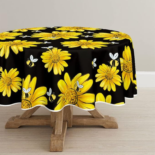 Horaldaily Summer Tablecloth 70 x 70 Inch Round Yellow Sunflower Bumble Bee | Black Fall Washable Table Cover for Party Picnic Dinner Decor