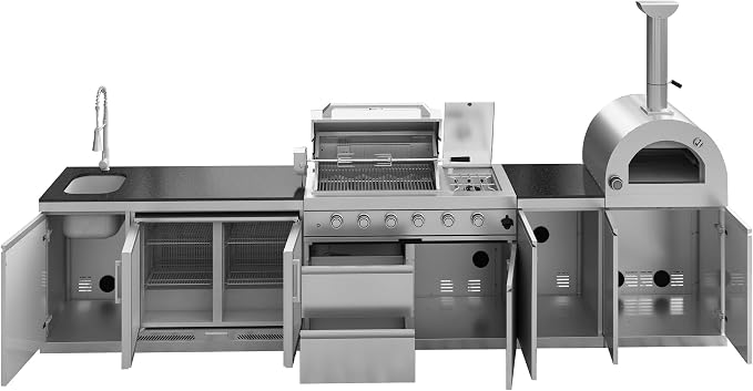 150-Inch Stainless Steel Outdoor Kitchen Island,Natural Gas BBQ Grill with Pizza Oven,Rotisserie,Double Door Refrigerator,Granite Countertop,Storage Cabinets & Drawers 108,000 BTU.