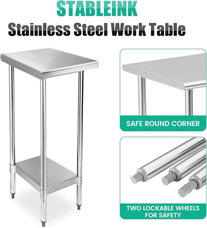 STABLEINK Stainless Steel Small Table with Undershelf 12x24 Inches for Prep | NSF Certified Heavy Duty Metal Work Table Workbench for Commercial Kitchen Restaurant Hotel Laundry Garage Chef Homemaker