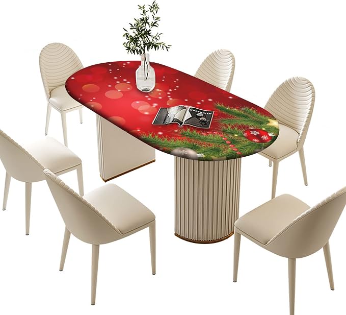 Christmas Tree Fitted Table Cover, Red Ball and Snowflakes Pattern Print Oval Tablecloths, Polyester Elastic Cloths for Family Banquet Patio Use, 48x68 Inch Tables