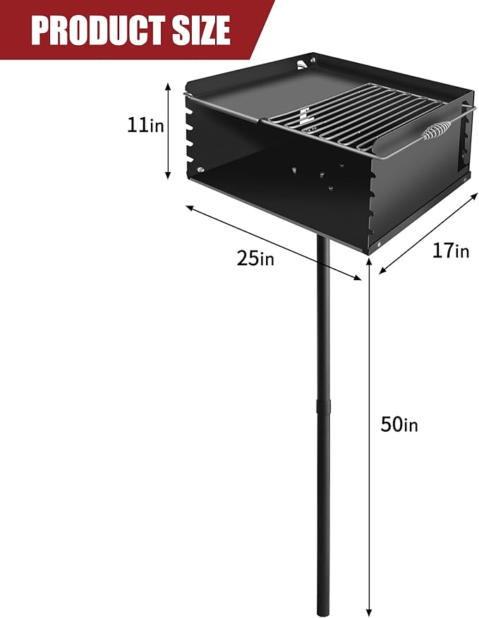 Park Style Charcoal Grill Heavy Duty, Outdoor BBQ Grill for Camping, Backyard, Patio, Commercial Charcoal Grill with Rotating Grill, Portable for Park Grilling 25'' L x 17'' W x 11'' H