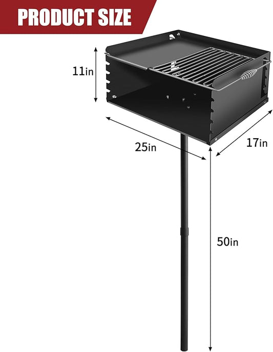 Park Style Charcoal Grill Heavy Duty, Outdoor BBQ Grill for Camping, Backyard, Patio, Commercial Charcoal Grill with Rotating Grill, Portable for Park Grilling 25'' L x 17'' W x 11'' H
