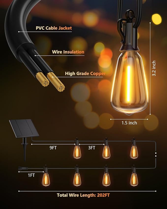 Brightown 202FT Solar String Lights Outdoor Waterproof with Remote, 65+2 LED Shatterproof Bulbs, Dimmable & Timable, 3 Light Modes - Commercial Grade Patio Lights for Garden Backyard Party Decor