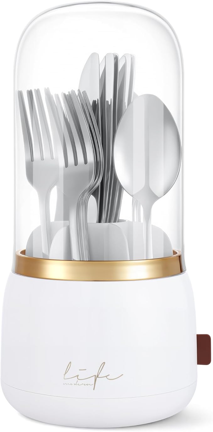 EXIN DECHEN Silverware Organizer with Lid,Cutlery Holder,White with Gold | Waterproof and Dustproof,360°Rotating,Store Knives Forks Spoons Chopsticks for Kitchen Counter,Table,Party,Outdoor Camping,Rv