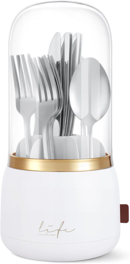 EXIN DECHEN Silverware Organizer with Lid,Cutlery Holder,White with Gold | Waterproof and Dustproof,360°Rotating,Store Knives Forks Spoons Chopsticks for Kitchen Counter,Table,Party,Outdoor Camping,Rv