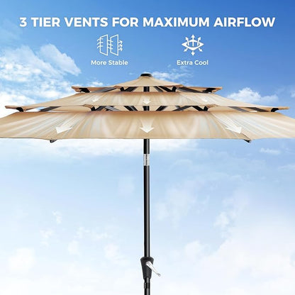 9FT 3-Tier Patio Umbrella, Vented Outdoor Market Table Umbrella | 5-year fade resistant commercial canopy with UPF50+ UV protection. Push button tilt & crank for pool, backyard, deck shade