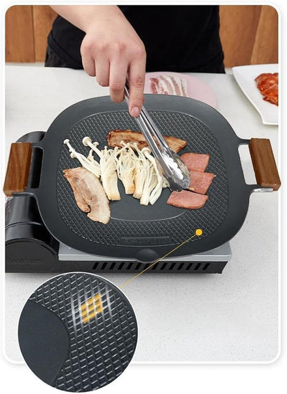 Korean Style 12.6in Grill Pan Non-stick Maifan Coated Smokeless Griddle Pan Compatible for Induction, Gas Stove, Electric Cooktop Stovetop Plate Indoor or Outdoor BBQ (Square with Wood Handle)